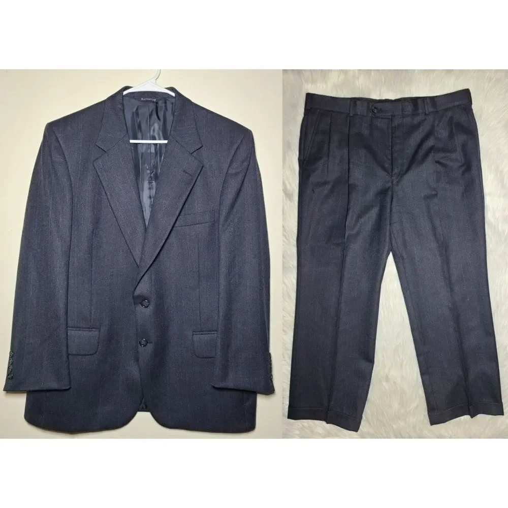 Vintage 2pc Burberrys Grey Wool Suit Jacket & Trouser Set